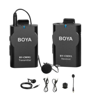 wireless lavalier microphone system boya-cwm1 2.4ghz wireless lapel microphone with 1 transmitter and 1 receiver professional lav mic for dslr cameras, camcorders, iphone, android smartphones