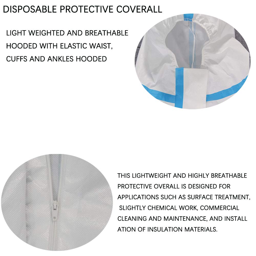 Protective Overalls Disposable Coveralls for Full Protection with Reinforced Isolation Seam Elastic Cuff and Hood (XL)