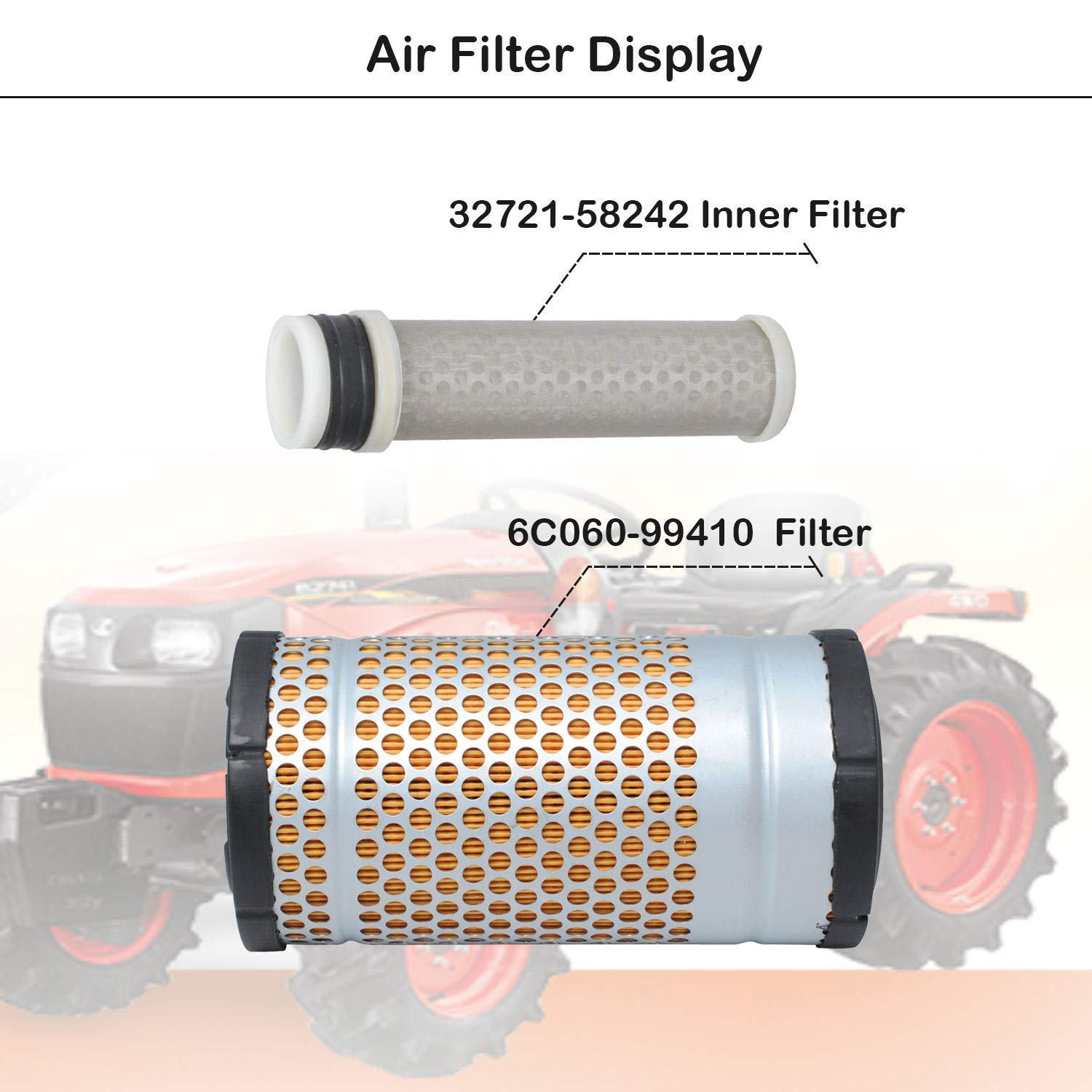 6C060-99410 Air Filter for compatible with Kubota 6C060-99410-A, K7311-82390-C, 6A100-82630-C Replace Model B1410, B1610, B2710 with 32721-58242 Inner Filter