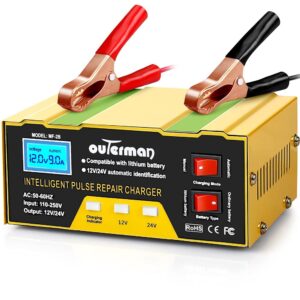outerman car battery charger 12v 24v lithium battery charger, auto battery charger maintainer for car boat motorcycle lawn mower lead acid battery or lithium battery capacity: 6ah~105ah