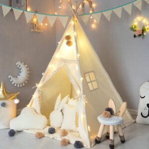 treebud kids teepee tent with padded mat, banner, fairy lights, yarn ball, carry bag, beige cotton canvas play tent for child with tassels lace, play house tipi for kids room decor