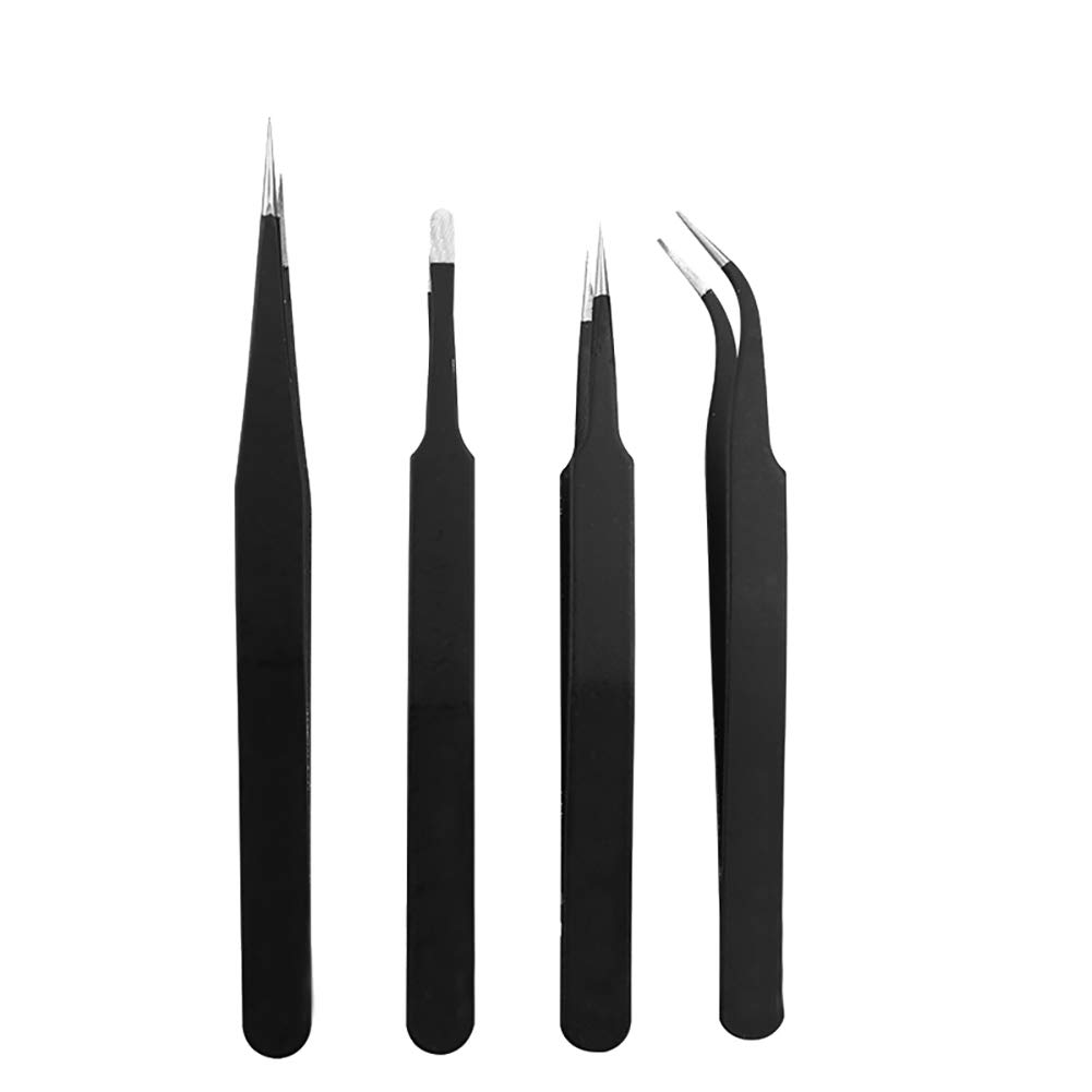 4 Pieces Stainless Steel Anti-Static Tweezers Set for Eyelash Extension Straight and Curved Pointed Tweezers