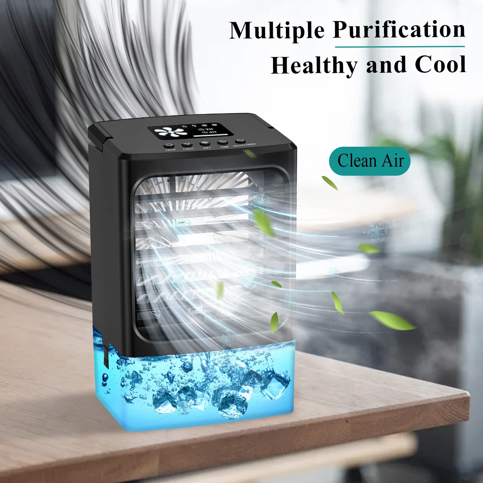 OVPPH Portable Air Conditioner, Personal Air Cooler Fan Mini Evaporative Cooler Desk Table Fan, Quiet Air Circulator Humidifier Misting Fan with 3 Speeds for Home Bedroom Office (Black)