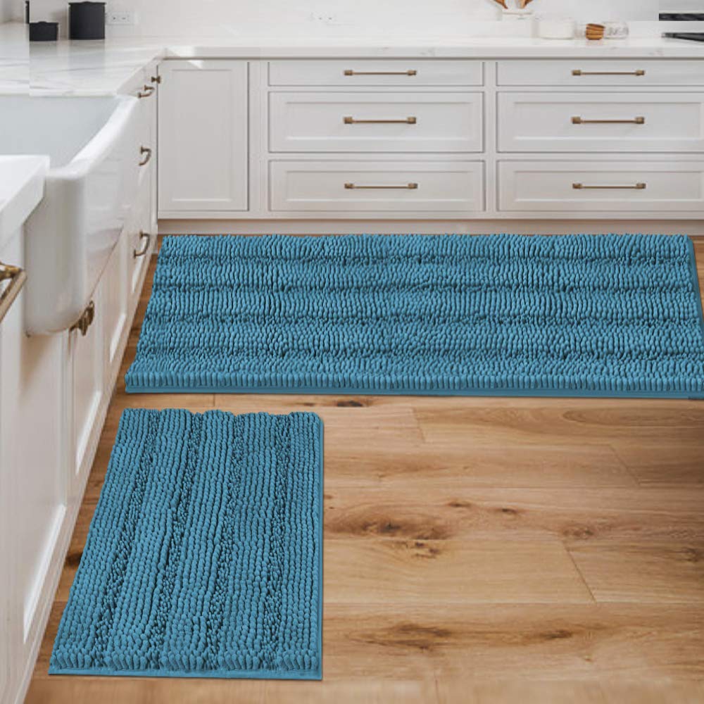 H.VERSAILTEX 2 Piece Bathroom Set Bathroom Rugs Bath Mats Sets Super Absorbent Chenille Striped Bath Mats Non Skid Machine Wash Dry Rugs for Bathroom Floor(Turquoise Blue, 47 x 17 Plus 17 x 24 Inches)