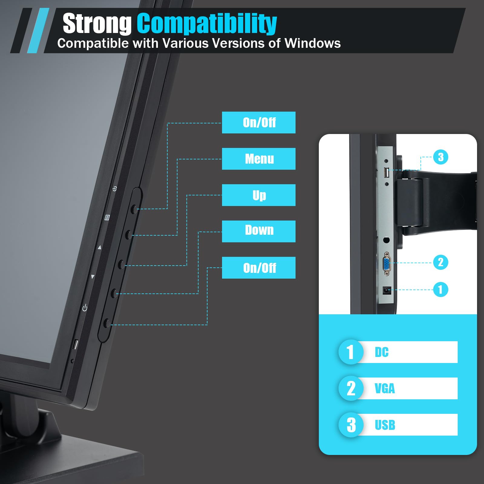 NG NOPTEG 17" LED Touch Screen Monitor LCD Display USB VGA w/POS Stand Retail Restaurant