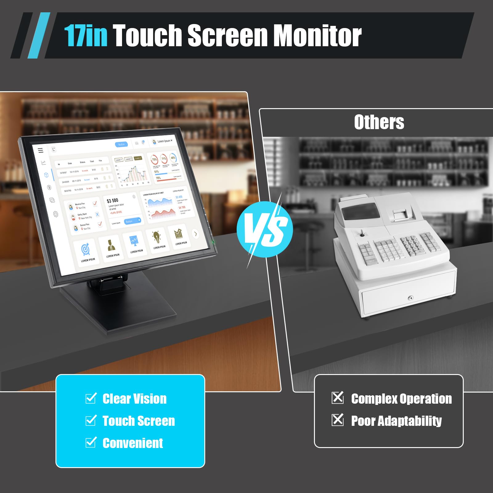 NG NOPTEG 17" LED Touch Screen Monitor LCD Display USB VGA w/POS Stand Retail Restaurant