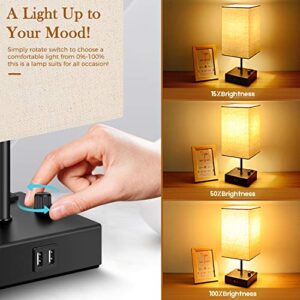 Upgraded Fully Dimmable USB Bedside Table Lamp Set of 2, Nightstand Table Lamps with 2 USB Charging Ports 2 AC Outlets, Square Fabric Shade Modern Desk Lamp Set for Bedroom Living Room, Bulbs Included