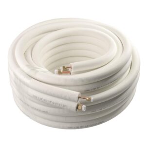 wostore 50ft. mini split line set includes two pipes 1/4" & 3/8" o.d. 3/8" thickened pe insulated coil copper line with nuts for air conditioner hvac refrigeration and heating equipment