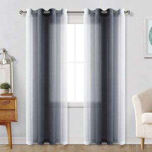 hiasan ombre sheer curtains for living room - faux linen voile grommet window curtains for bedroom, set of 2 panels, 52 x 84 inches long, black gradient