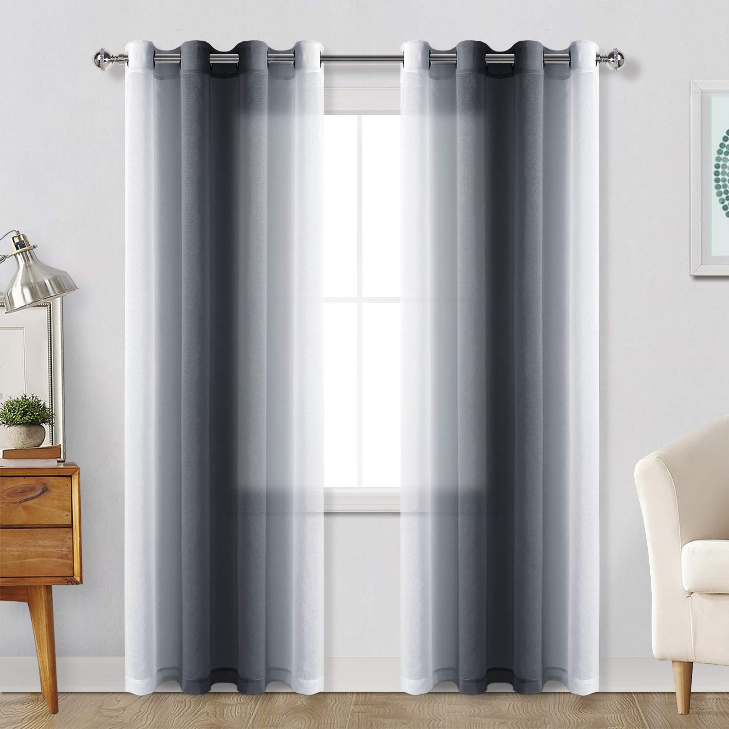 Hiasan Ombre Sheer Curtains for Living Room - Faux Linen Voile Grommet Window Curtains for Bedroom, Set of 2 Panels, 52 x 84 Inches Long, Black Gradient