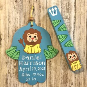 Hamsa and Mezuzah, Personalized Newborn Baby Boy Naming Bris Gift, Jungle Lion Design