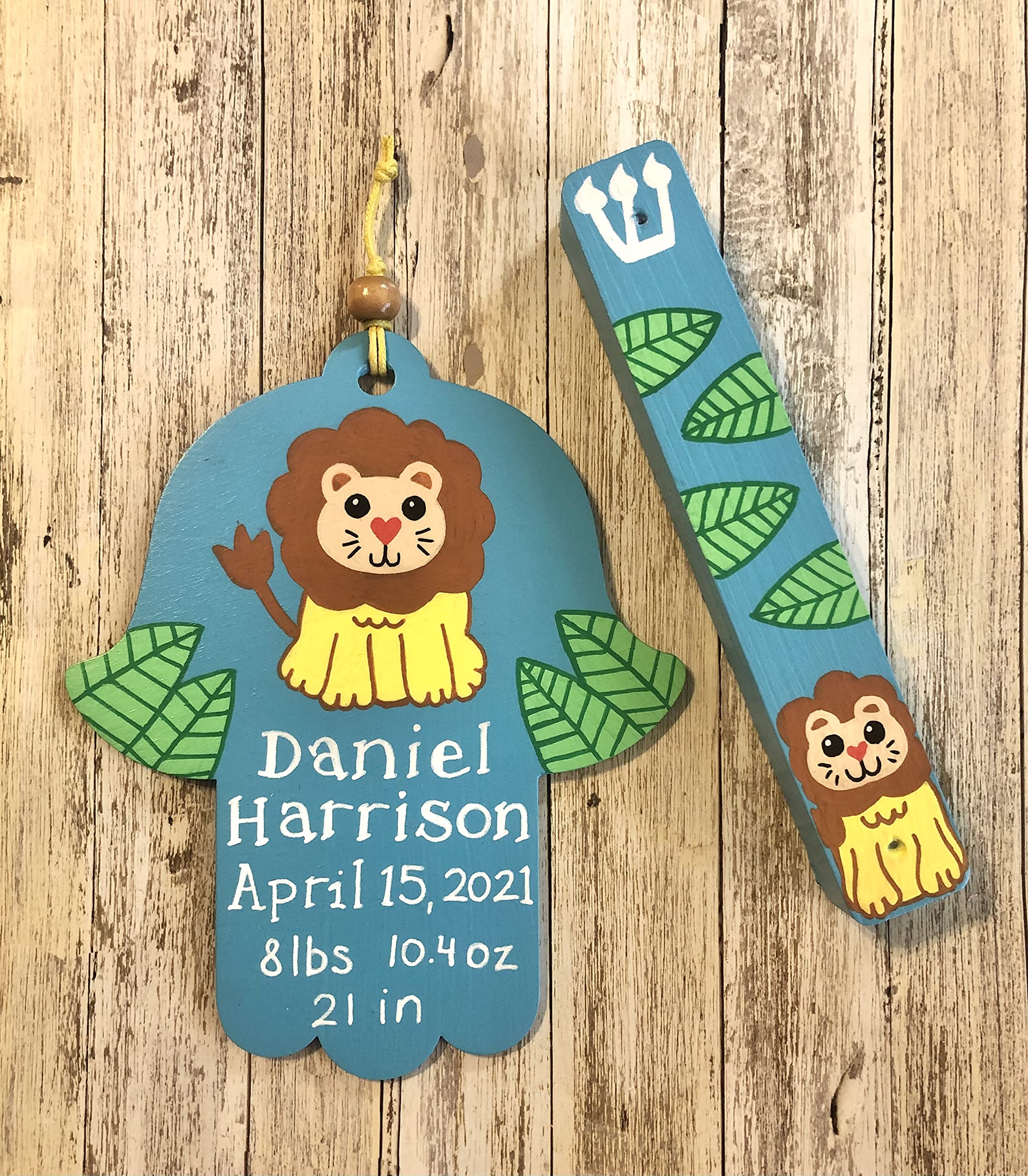 Hamsa and Mezuzah, Personalized Newborn Baby Boy Naming Bris Gift, Jungle Lion Design