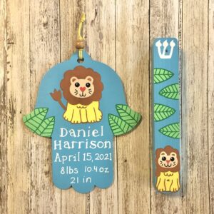 Hamsa and Mezuzah, Personalized Newborn Baby Boy Naming Bris Gift, Jungle Lion Design