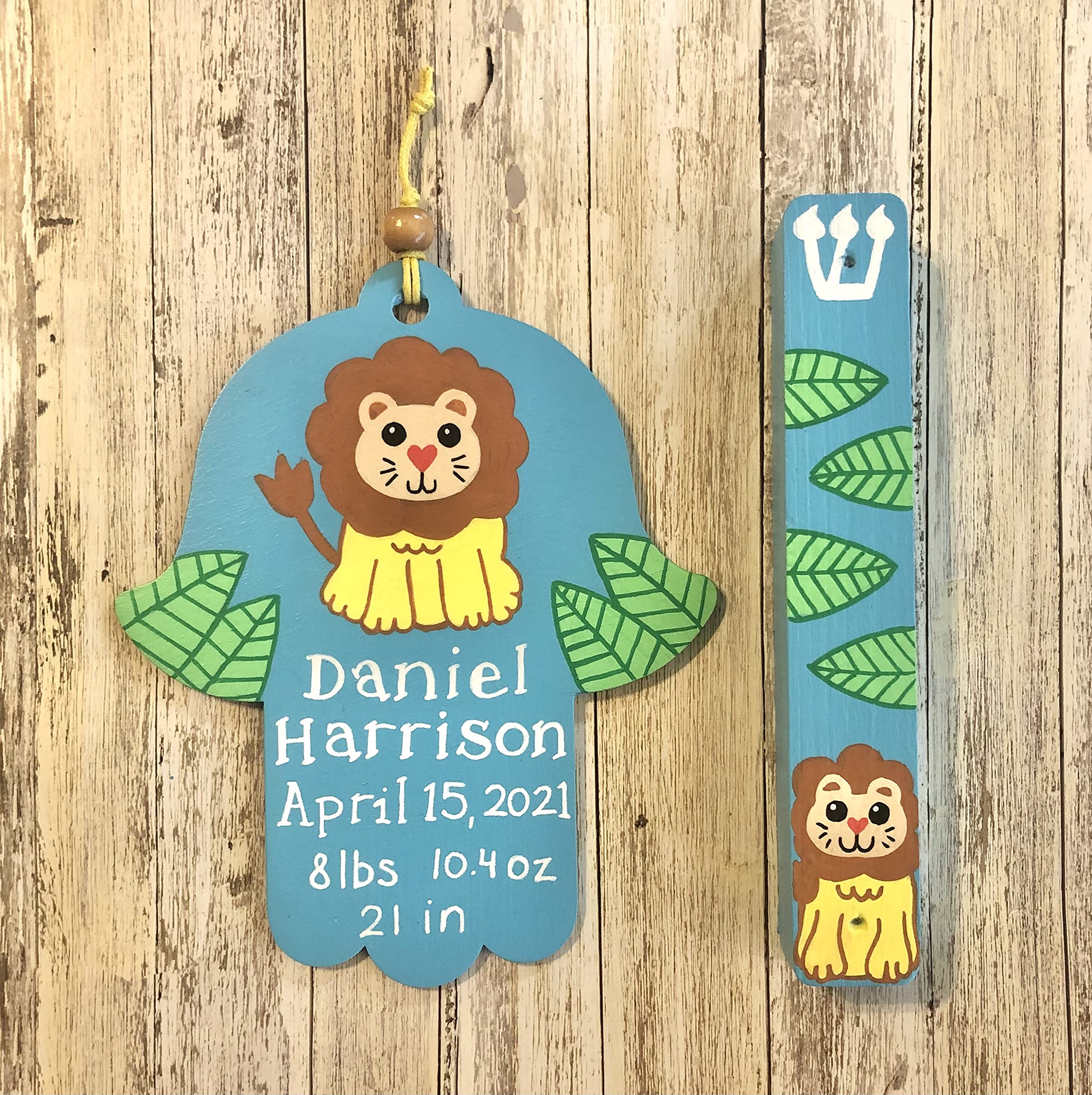 Hamsa and Mezuzah, Personalized Newborn Baby Boy Naming Bris Gift, Jungle Lion Design