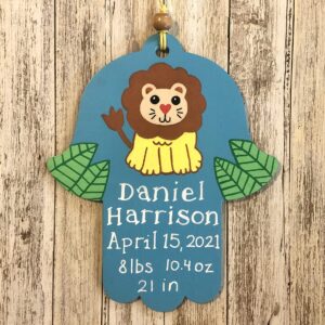 Hamsa and Mezuzah, Personalized Newborn Baby Boy Naming Bris Gift, Jungle Lion Design