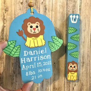 Hamsa and Mezuzah, Personalized Newborn Baby Boy Naming Bris Gift, Jungle Lion Design