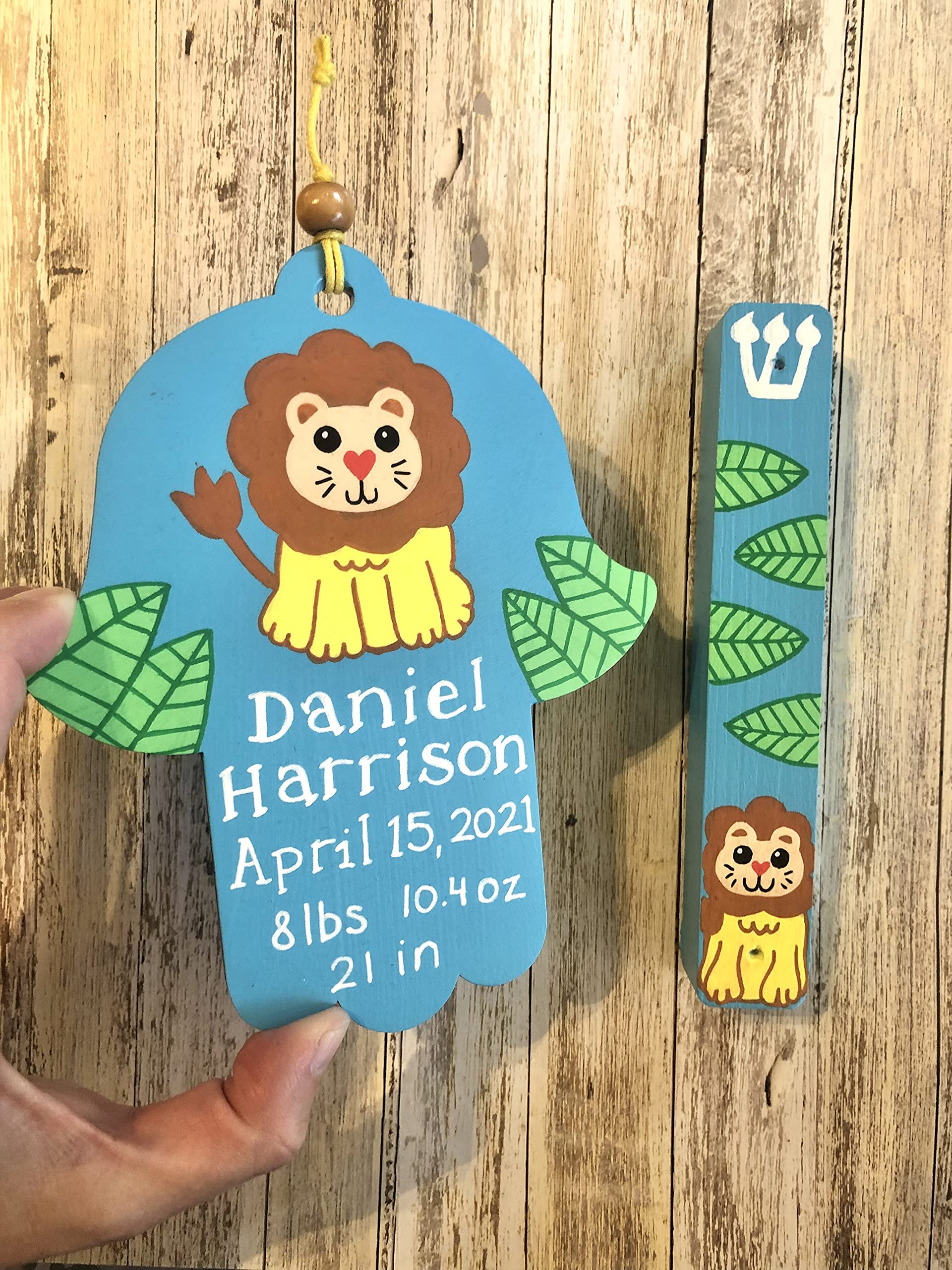 Hamsa and Mezuzah, Personalized Newborn Baby Boy Naming Bris Gift, Jungle Lion Design