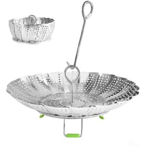 steamer basket stainless steel vegetable basket metal handle folding silicone feet steamer insert for cooking veggies fish seafood include safety tool,fit various pot pressure cooker (7" to 11")