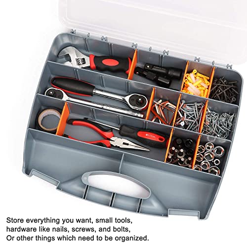 Makitoyo Hardware Storage Box Tools Organizer Container with Handle and Clear Lid, 21 Adjustable Compartments and 2 Fixed Sections,Perfect for Screws,Nuts, Bolts and Small Parts,15"L x 12.9"W x 2.9"H