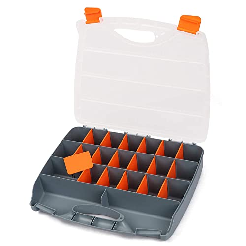 Makitoyo Hardware Storage Box Tools Organizer Container with Handle and Clear Lid, 21 Adjustable Compartments and 2 Fixed Sections,Perfect for Screws,Nuts, Bolts and Small Parts,15"L x 12.9"W x 2.9"H