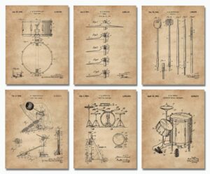 drummer gifts for men - music wall decor - set of 6 (8x10) unframed drum patent wall art prints - music room studio decorations - percussionists teachers musicians