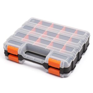 mayouko double side tools organizer, customizable removable plastic dividers, hardware box storage, excellent for screws,nuts,small parts, 34-compartment, black/orange,12.6"l x 10.6"w x 3.2"h