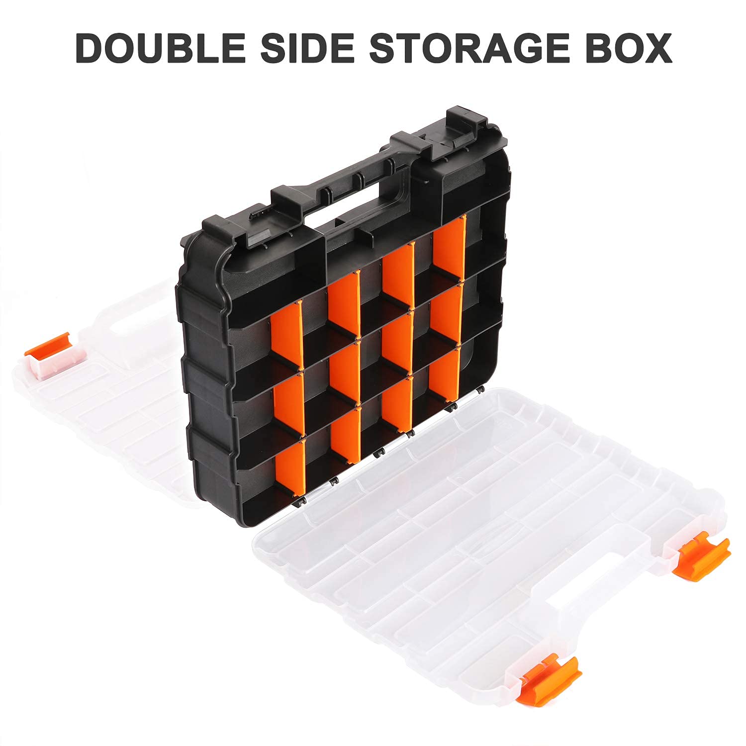 Mayouko Double Side Tools Organizer, Customizable Removable Plastic Dividers, Hardware Box Storage, Excellent for Screws,Nuts,Small Parts, 34-Compartment, Black/Orange,12.6"L x 10.6"W x 3.2"H