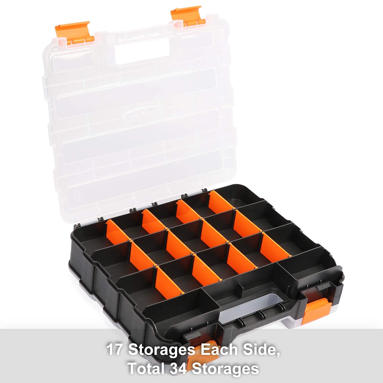 Mayouko Double Side Tools Organizer, Customizable Removable Plastic Dividers, Hardware Box Storage, Excellent for Screws,Nuts,Small Parts, 34-Compartment, Black/Orange,12.6"L x 10.6"W x 3.2"H