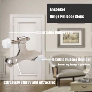 Enconker Hinge Pin Door Stopper Satin Nickel 4 Pack, Adjustable Head Screw Heavy Duty Wall Protectors from Door Knobs, Convenient Easy Installation Rubber Bumper Tips Prevent Wall Damage