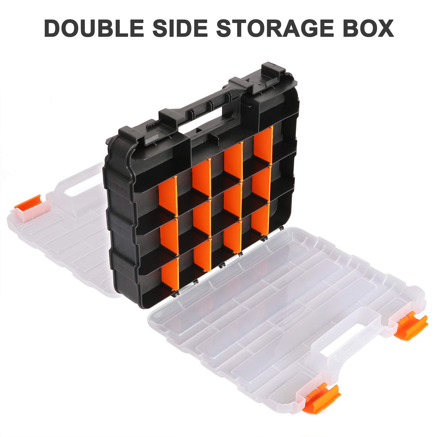 CASOMAN Double Side Tool Organizer with Impact Resistant Polymer and Customizable Removable Plastic Dividers, Hardware Box Storage, Excellent for Screws,Nuts,Small Parts, 34-Compartment, Black/Orange