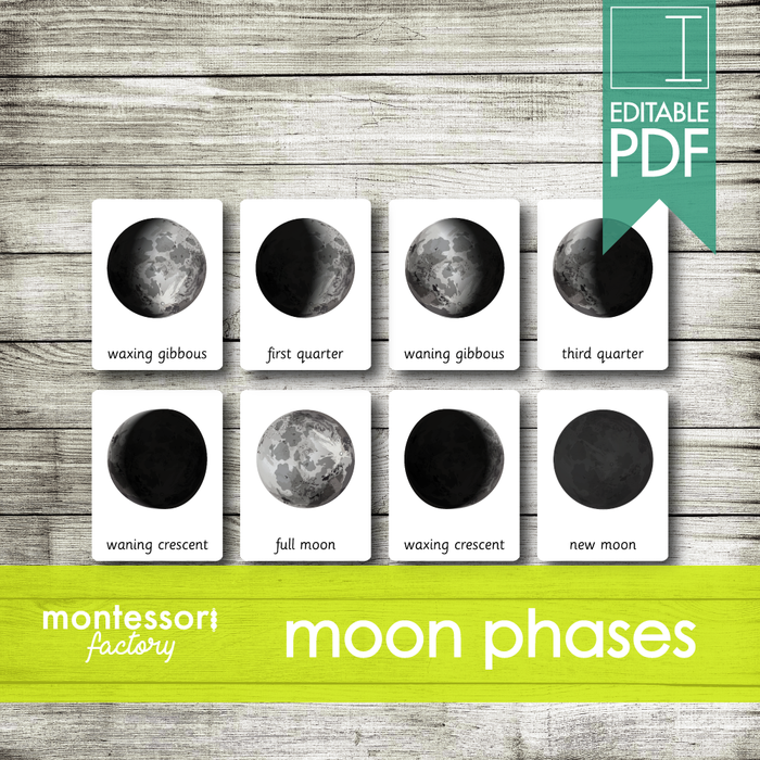 MOON PHASES • Montessori Cards • Flash Cards • Three Part Cards