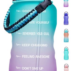 Fidus Large Half Gallon/64OZ Motivational Water Bottle with Paracord Handle & Removable Straw - BPA Free Leakproof Water Jug with Time Marker to Ensure You Drink Enough Water Daily