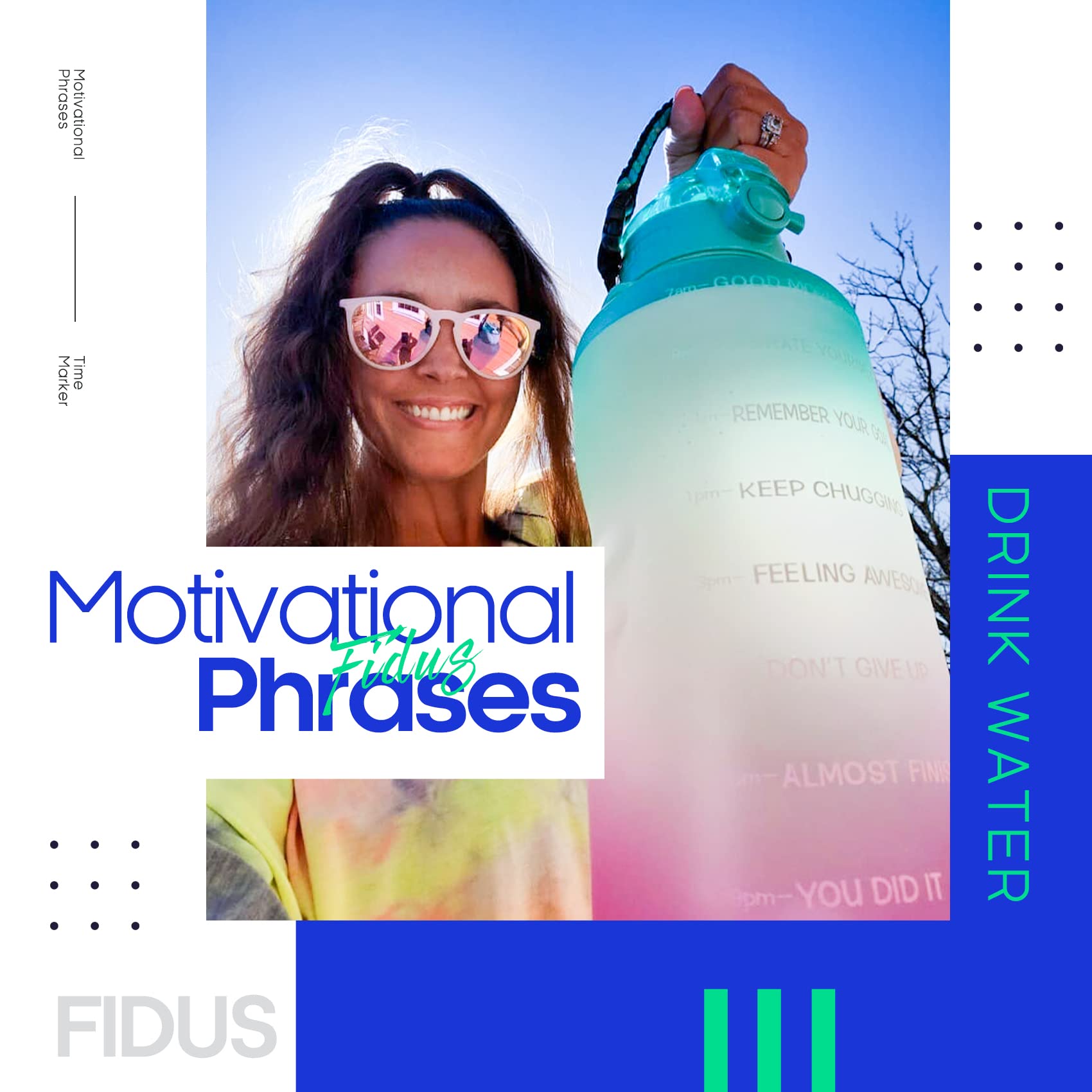 Fidus Large Half Gallon/64OZ Motivational Water Bottle with Paracord Handle & Removable Straw - BPA Free Leakproof Water Jug with Time Marker to Ensure You Drink Enough Water Daily