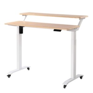 unicoo - 2 tier electric height adjustable standing desk with wheels, electric mobile standing workstation, sit stand desk home office desk whole-piece desk board 48 * 24 in (kt1002-lw) 2tier