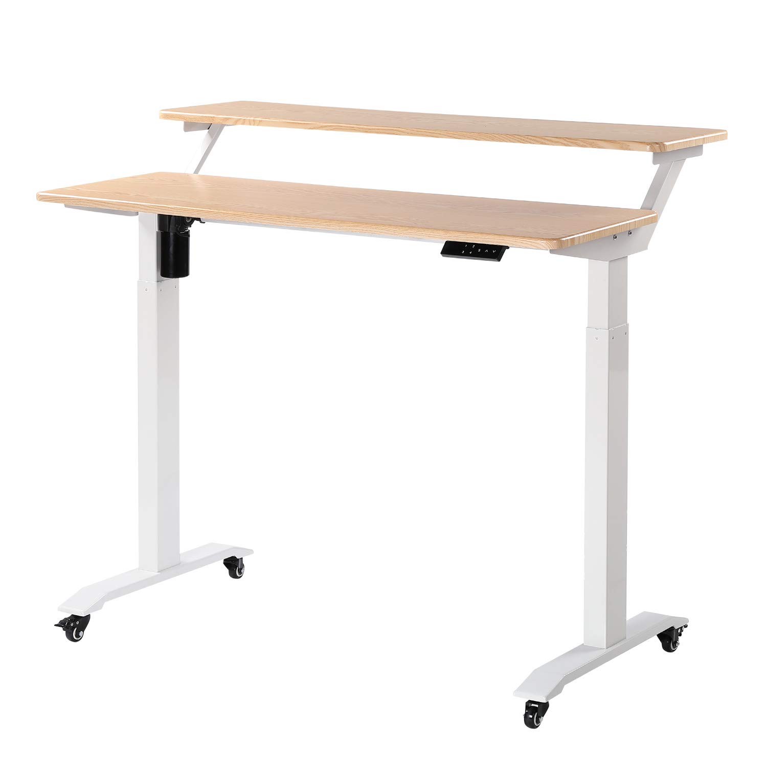 UNICOO - 2 Tier Electric Height Adjustable Standing Desk with Wheels, Electric Mobile Standing Workstation, Sit Stand Desk Home Office Desk Whole-Piece Desk Board 48 * 24 in (KT1002-LW) 2Tier