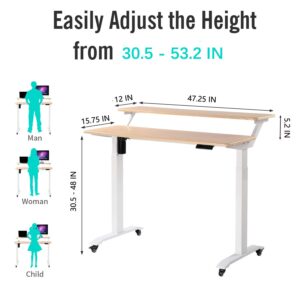 UNICOO - 2 Tier Electric Height Adjustable Standing Desk with Wheels, Electric Mobile Standing Workstation, Sit Stand Desk Home Office Desk Whole-Piece Desk Board 48 * 24 in (KT1002-LW) 2Tier