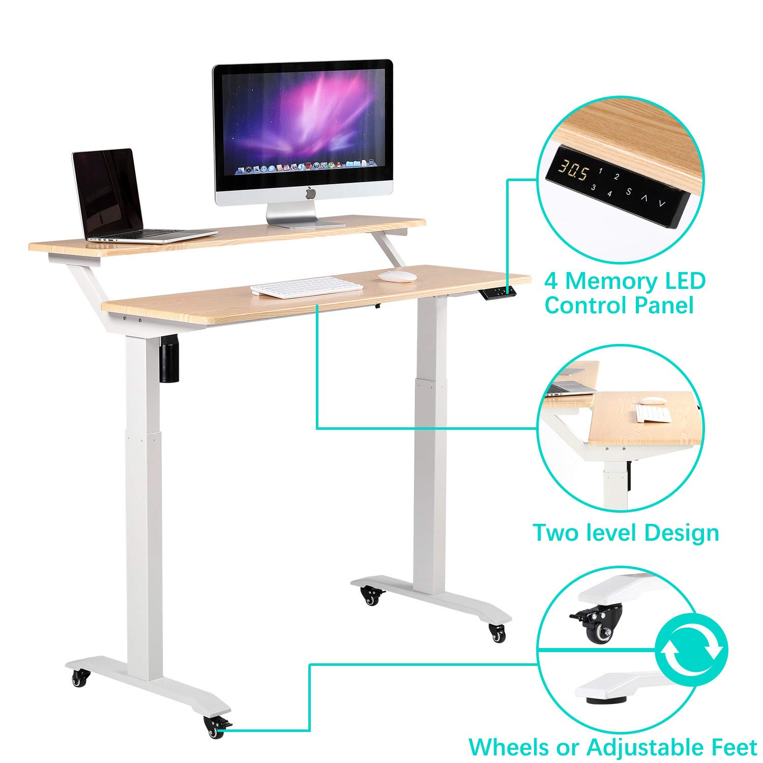 UNICOO - 2 Tier Electric Height Adjustable Standing Desk with Wheels, Electric Mobile Standing Workstation, Sit Stand Desk Home Office Desk Whole-Piece Desk Board 48 * 24 in (KT1002-LW) 2Tier