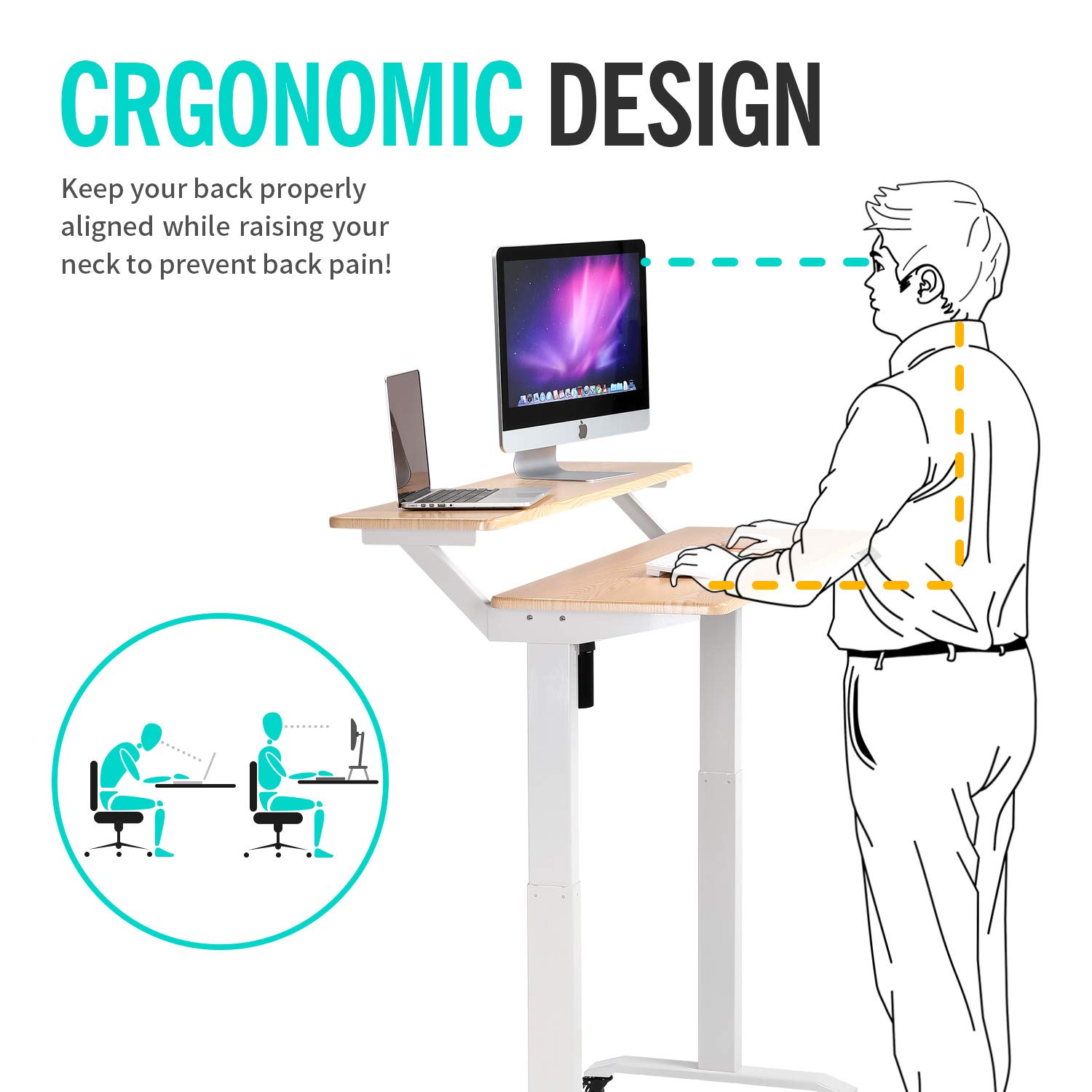 UNICOO - 2 Tier Electric Height Adjustable Standing Desk with Wheels, Electric Mobile Standing Workstation, Sit Stand Desk Home Office Desk Whole-Piece Desk Board 48 * 24 in (KT1002-LW) 2Tier