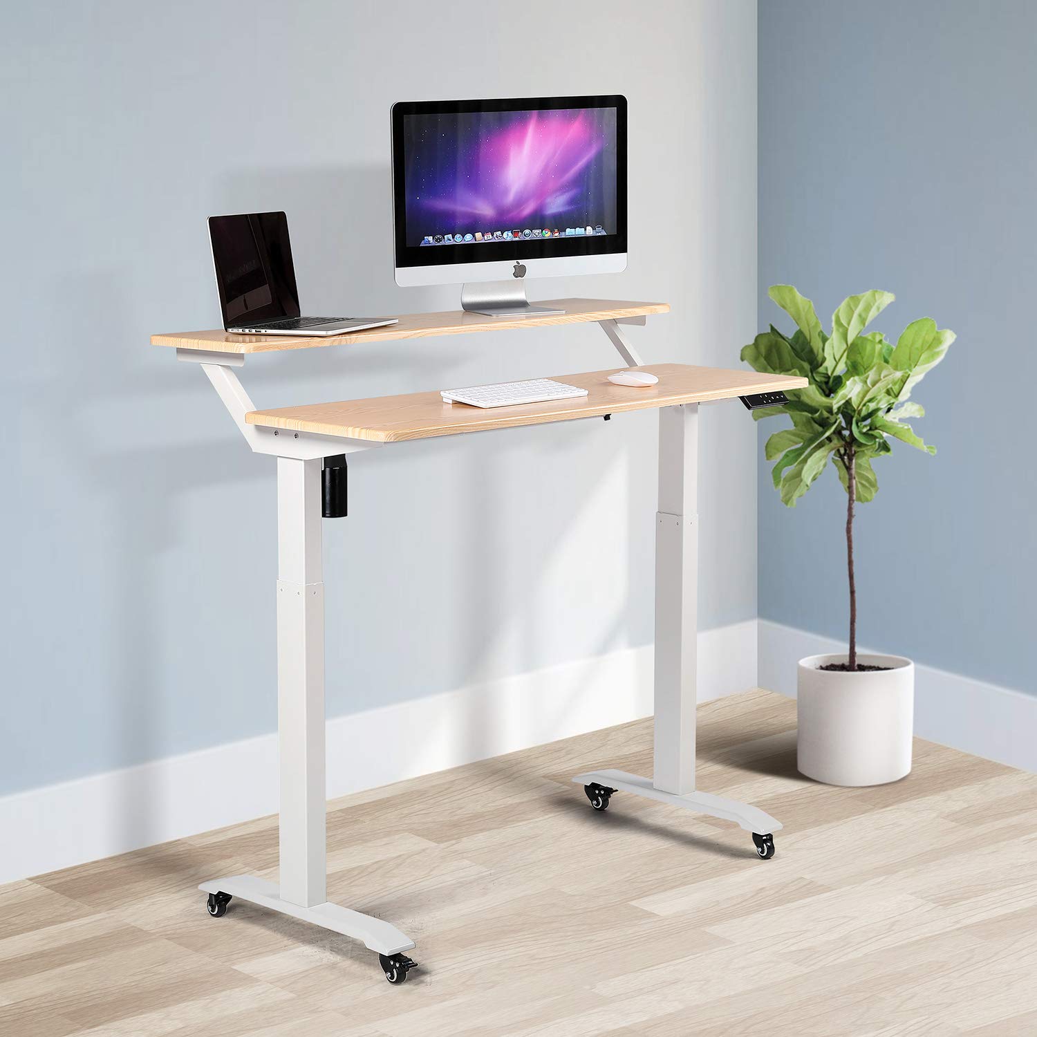 UNICOO - 2 Tier Electric Height Adjustable Standing Desk with Wheels, Electric Mobile Standing Workstation, Sit Stand Desk Home Office Desk Whole-Piece Desk Board 48 * 24 in (KT1002-LW) 2Tier