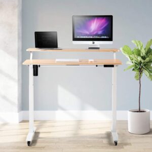 UNICOO - 2 Tier Electric Height Adjustable Standing Desk with Wheels, Electric Mobile Standing Workstation, Sit Stand Desk Home Office Desk Whole-Piece Desk Board 48 * 24 in (KT1002-LW) 2Tier