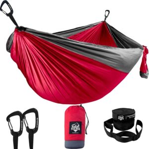 double hammock for camping, travel and hiking - 2 person outdoor hammock - lightweight & portable yet heavy duty with straps included for easy hanging from trees - great camping gifts for men & women