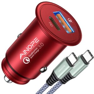 ainope usb c car charger 67.5w, red car accessories car charger usb c for iphone, super mini all metal fast charging car charger pd&qc 3.0 dual port car adapter fits iphone 15 pro max 14 13 12 11, red