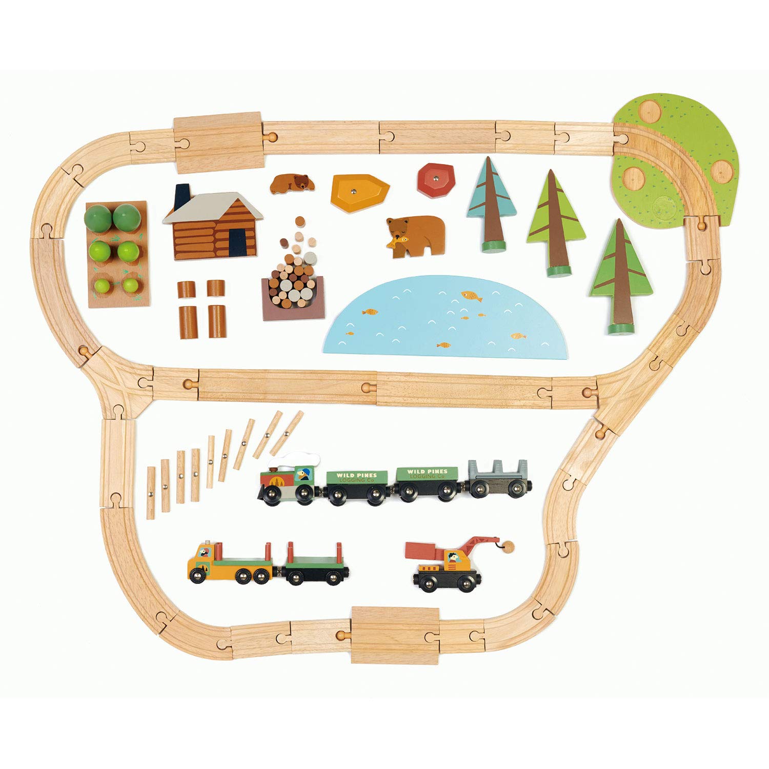 Tender Leaf Toys - Wild Pines Train Set - 95 Pieces Wooden Train & Bridge Set for Kids, Toddler Boys & Girls - Compatible with Most Toy Trains - Age 3+