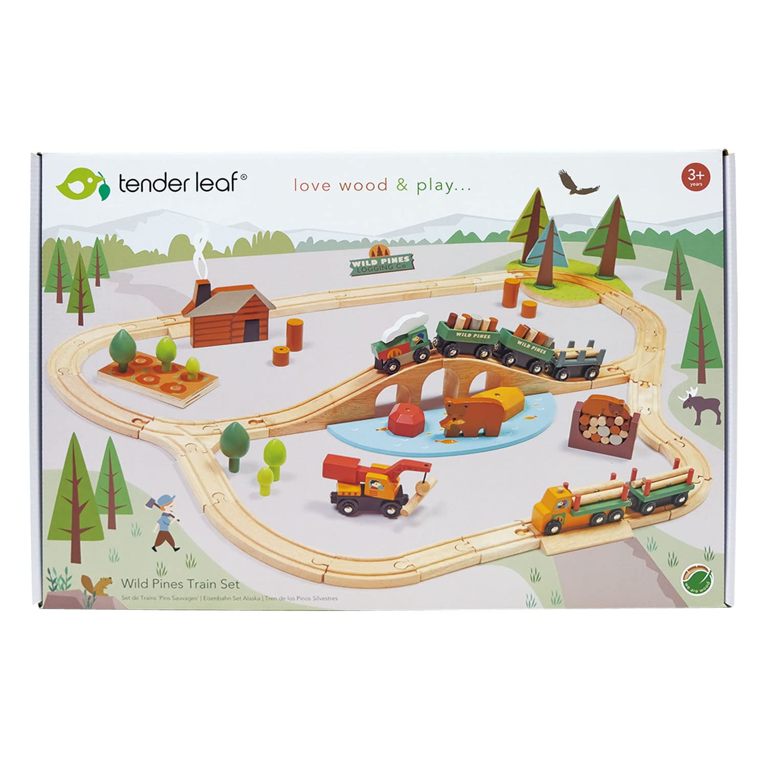 Tender Leaf Toys - Wild Pines Train Set - 95 Pieces Wooden Train & Bridge Set for Kids, Toddler Boys & Girls - Compatible with Most Toy Trains - Age 3+