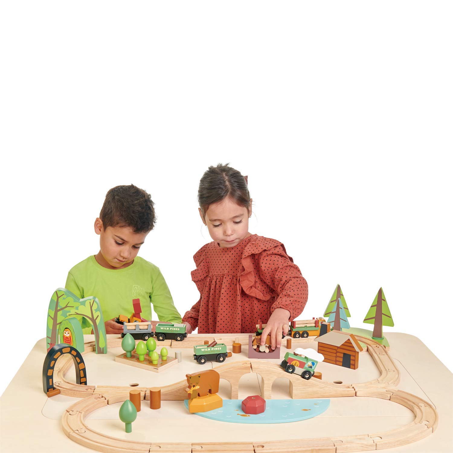 Tender Leaf Toys - Wild Pines Train Set - 95 Pieces Wooden Train & Bridge Set for Kids, Toddler Boys & Girls - Compatible with Most Toy Trains - Age 3+