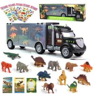 kids republic, official dinosaur truck carrier – 6 toy dinosaurs play set -– 6 wild animals -dinosaur stickers dinosaur toys set for toddler – monster trucks for boys for 3, 4, 5, 6, 7 years old