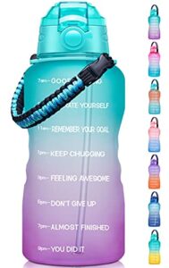 fidus large 1 gallon motivational water bottle with paracord handle & removable straw - bpa free leakproof jug with time marker to ensure you drink enough water throughout the day-green/purple