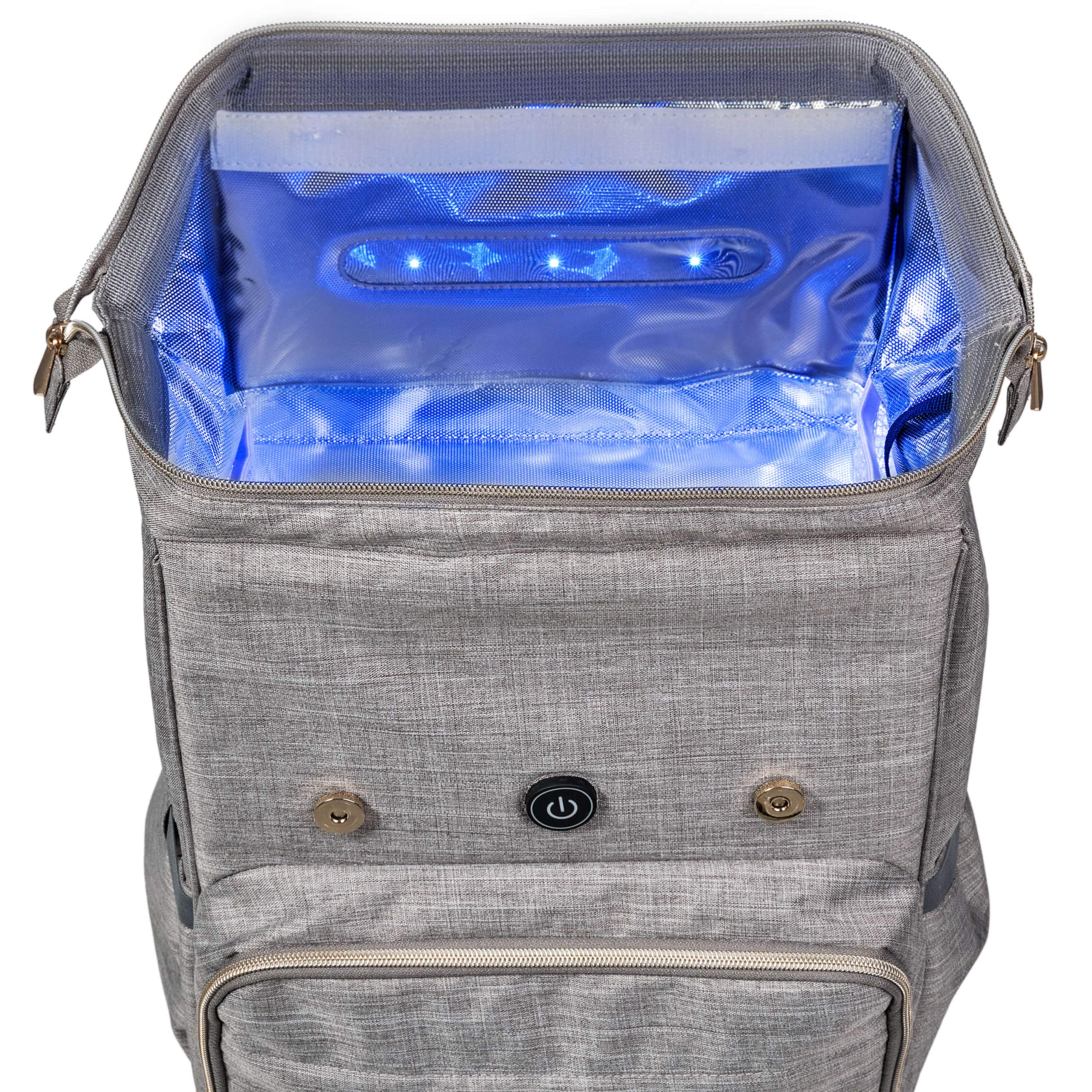 OOPSABABY Diaper Bag Backpack with Cleaning Lights; connect to juice pack or wall adapter; Designer Gray with Rose Gold Hardware Diaper Bag Organizer for Baby Boy or Girl