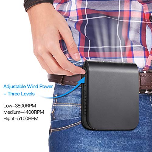 Portable Waist Clip Fan with 23H Working Time, 6000RPM Strong Airflow, 3 Speeds, Rechargeable Battery Operated Personal Fan, Hands-free USB Belt Fan for Clothes Shirt Farm Work Hiking