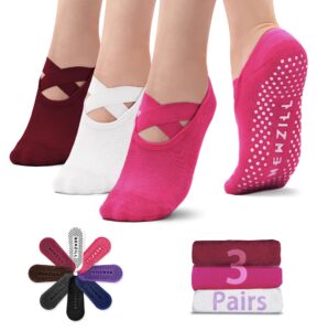 newzill yoga socks for women non-slip grips & straps, ideal for pilates, pure barre, ballet, dance, barefoot workout (3 pairs-white/red/pink)